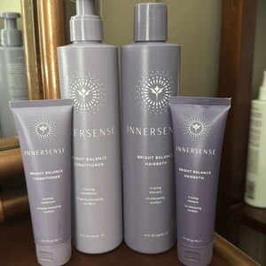 Innersense bright balance duo and samples. Purple shampoo for toning brassiness.